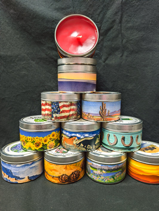4oz lidded tin with top label and side wrap